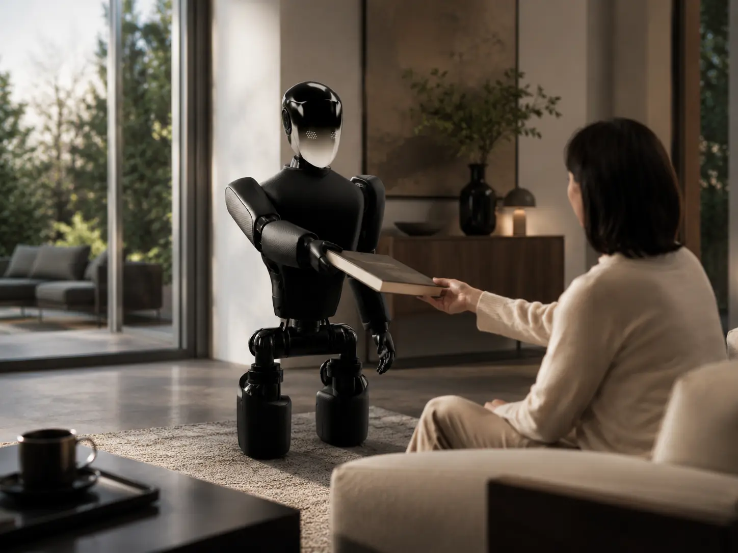 Robo handing a book to a person in a living room