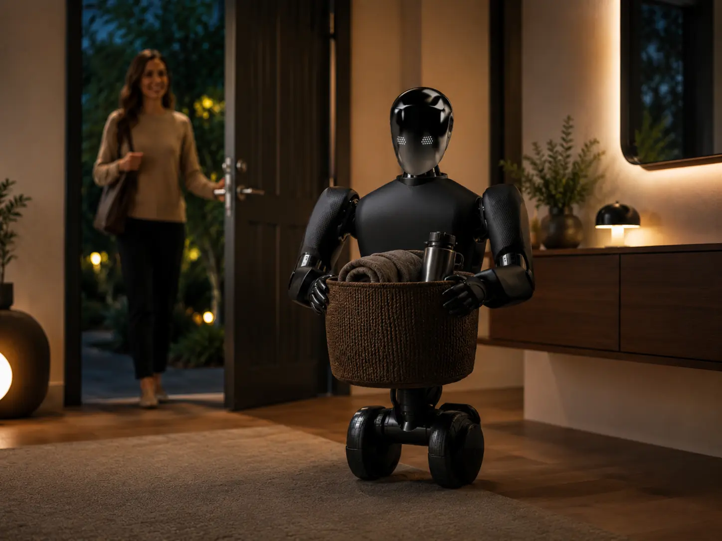 Robo carrying household items near the entryway