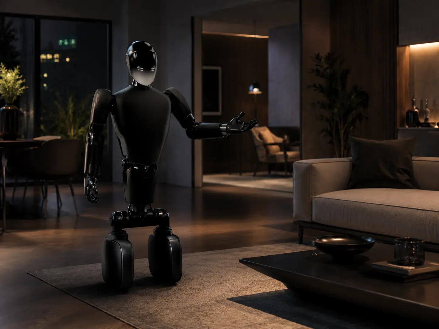 Robo ready to assist in a warm living room